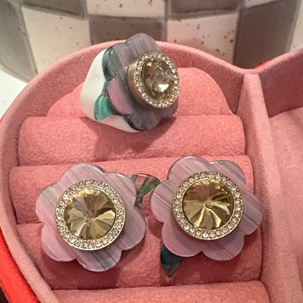 Betsey Johnson Women’s Pink Floral Crystal Ring and Earring Set